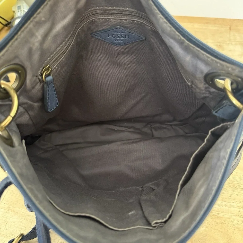 Fossil Dusty Blue Leather Handbag Zip Convertable Crossbody Shoulder Satchel Bag